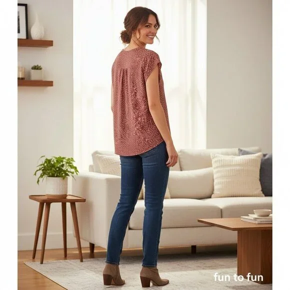 Fun2Fun Womens Mauve V-Neck Cap Sleeve Blouse With White Speckle Print - Size M - Picture 7 of 8